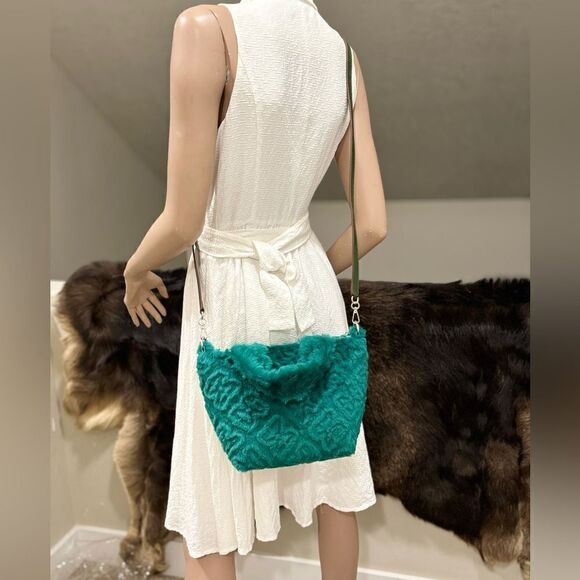 Turquoise Handmade Real Embossed Shearling Top Handle Bag, Fur Tote, Crossbody - Picture 8 of 14